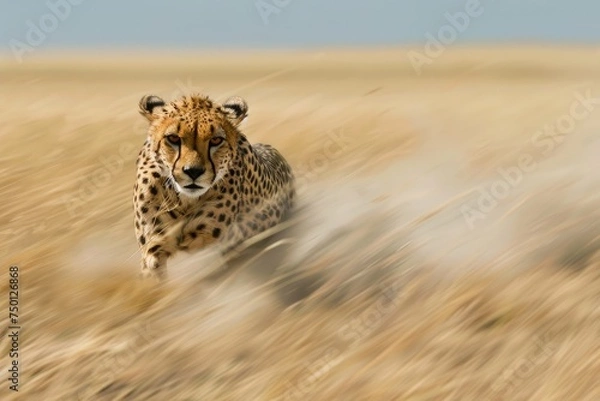 Fototapeta A cheetah is running in the desert at high speed to chase its prey
