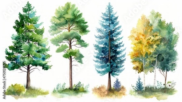 Fototapeta Lush Green Pine and Blue Spruce Watercolor Tree Set Generative AI