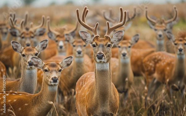 Fototapeta Group of deer in the woods. Generative AI