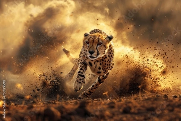 Fototapeta A cheetah is running in the desert at high speed to hunt its prey