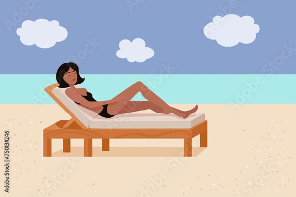 Fototapeta woman relaxing on the beach on a deck chair with a sea and cloudy sky on a background - vector illustration