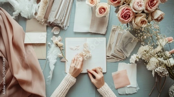 Obraz A beautifully arranged selection of wedding planning elements including delicate invitations, lace, and pastel florals on a rustic wooden surface..