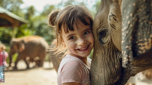 Fototapeta little girl is hugging a little elephant in the zoo, she looks very happy