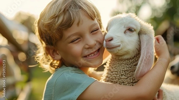 Fototapeta little boy was hugging a sheep in the zoo very happily