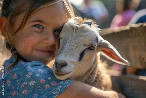 Fototapeta Little girl is hugging a goat in the zoo very happily