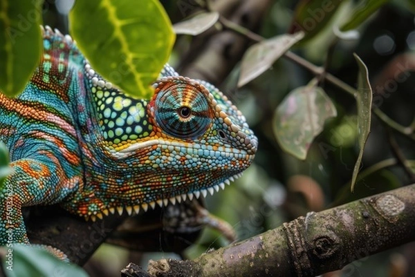 Fototapeta A chameleon with beautiful colored skin is on a forest branch