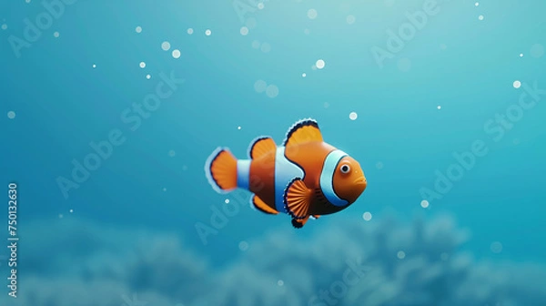 Fototapeta A captivating clownfish navigating through its surroundings, set against a solid turquoise blue backdrop.