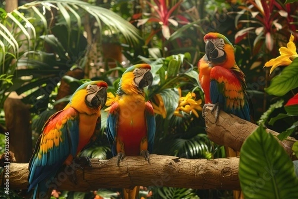 Fototapeta In the heart of the verdant forest, a majestic Macaw showcases its vibrant, multicolored plumage.
