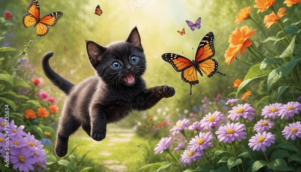 Fototapeta A playful black ginger kitten with striking blue eyes jumps joyfully, reaching for a delicate butterfly in the middle of a bright and colorful garden.