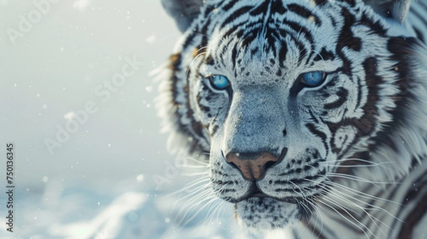 Fototapeta A close-up of a regal white tiger, its piercing blue eyes and majestic presence captured against a spotless white environment.