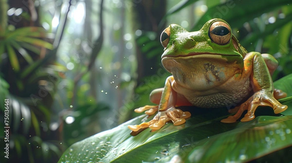 Fototapeta A close-up of a wise old tree frog clinging to a vibrant green leaf in a tropical rainforest, surrounded by lush foliage.