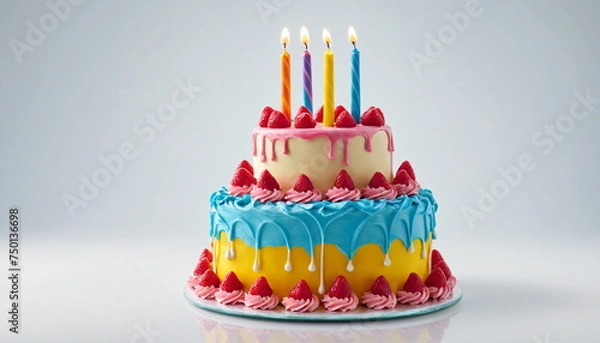 Fototapeta A vibrant layered birthday cake adorned with multicolored icing and lit candles, ready for celebration.