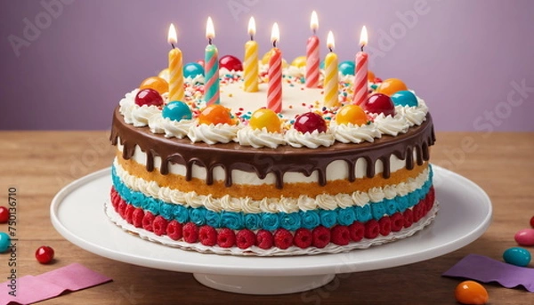 Fototapeta A vibrant layered birthday cake adorned with multicolored icing and lit candles, ready for celebration.