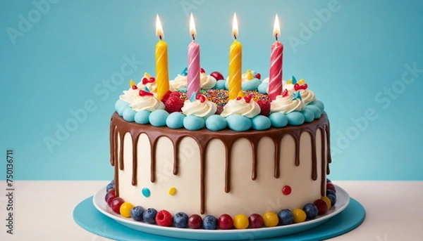 Fototapeta A vibrant layered birthday cake adorned with multicolored icing and lit candles, ready for celebration.