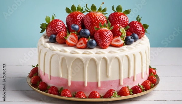 Fototapeta Elegant Strawberry Cream Cake Decorated With Fresh Strawberries and Candles on a Plate.