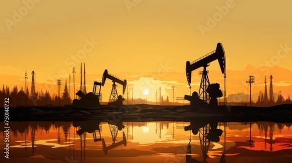 Fototapeta The silhouette of an oil well pumping beam stands tall against the sunset, symbolizing the enduring role of oil in global energy supply.