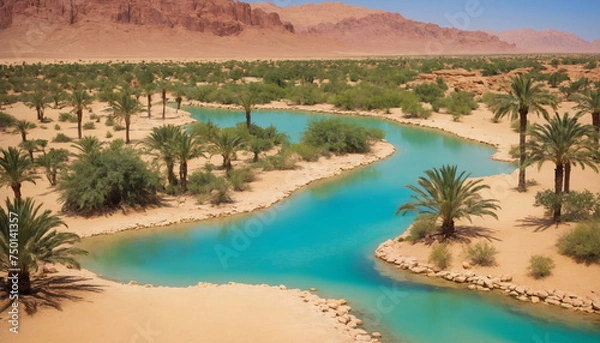 Fototapeta Palm trees and lush greenery contrast the surrounding golden sandy terrain under the radiant sunlight, creating a picturesque natural haven.