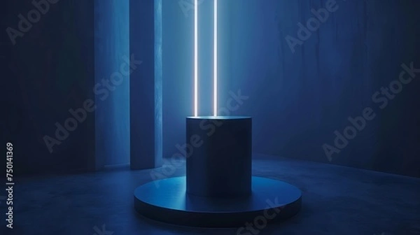 Obraz Realistic 3d blue cylinder pedestal podium in Sci-fi dark blue abstract room with illuminate horizontal neon lamp. Vector rendering product display presentation. Futuristic minimal scene. Generative A
