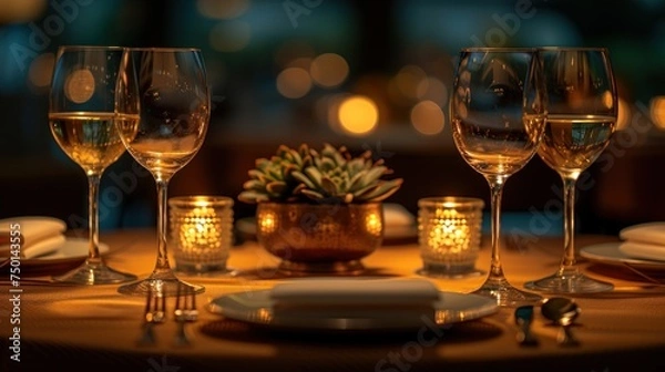 Fototapeta a close up of a table with wine glasses and a plate with a succulent plant in the middle.