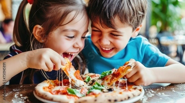 Fototapeta With genuine delight, the kids eagerly savor their pizza, their enthusiasm adding to the lively ambiance of the pizza place.