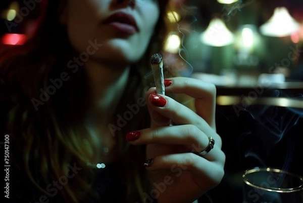 Fototapeta Hand with a cannabis joint against a blurred image of a woman.
