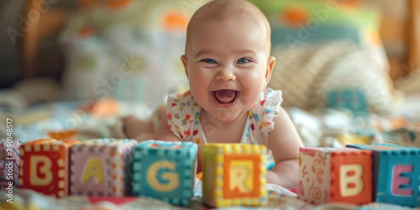 Fototapeta Joyful Baby with Alphabet Blocks. Cheerful baby playing with colorful letter blocks, joyful early learning English language concept.