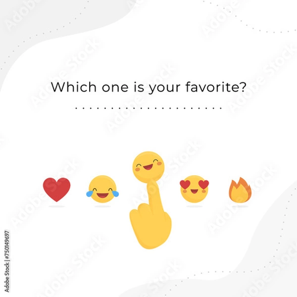 Obraz Emotional psychology. Different emojis with emotions and feelings. Vector template for social media. Happy, heart, fire, tender, and laughing with tears emojis. Psychologist, 