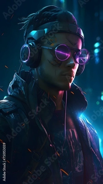Fototapeta cyberpunk man wearing a futuristic headset, neon virtual glasses, and cyberpunk gear