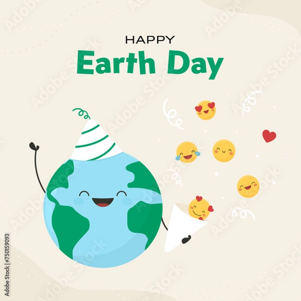 Obraz Happy Earth Day social media template vector. Happy face of the planet earth with a cute smile, a party hat and confetti popper. Exploding party popper with emoticons, heart, streamer and ribbons.