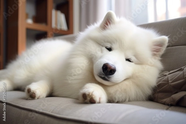 Fototapeta Samoyed dog is resting on the couch at home. a breed of dog with long white hair.