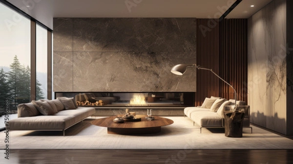 Fototapeta A modern living room featuring a statement lighting fixture that adds a warm glow