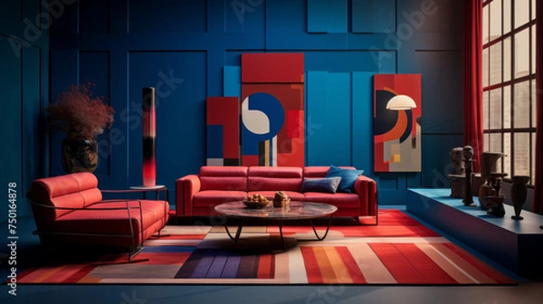 Fototapeta A modern living room with a striking blue and red color blocking pattern on the walls