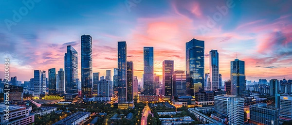 Obraz Cityscape at dusk in Asia, showcasing the vibrant skyline and architectural beauty of urban development