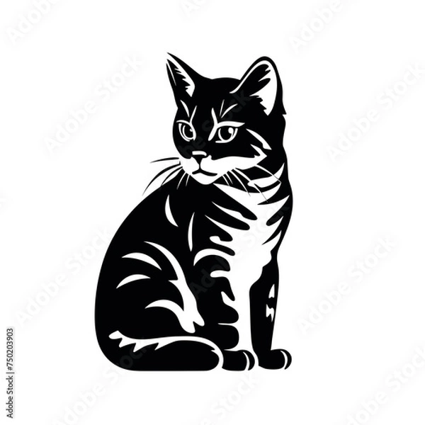 Fototapeta American Shorthair cat sitting silhouette black and white vector illustration isolated transparent background, logo, cut out or cutout t-shirt print design,  poster, baby products, packaging design