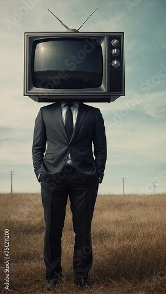 Fototapeta Man with TV instead of a head. Mass media control concept. Campaigns and brain washing idea. Copy space.