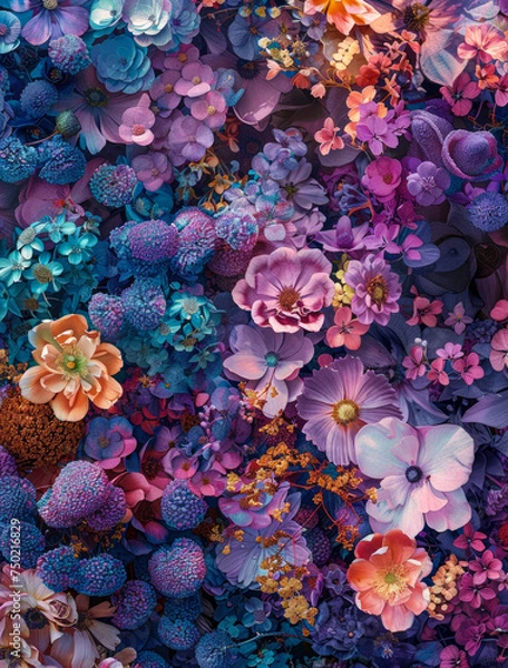 Fototapeta Flat lay spring background of freshly picked field fragrant flowers. Colorful love concept copy space from herbarium, collection of dried plant specimens on canvas. Nature is waking up.