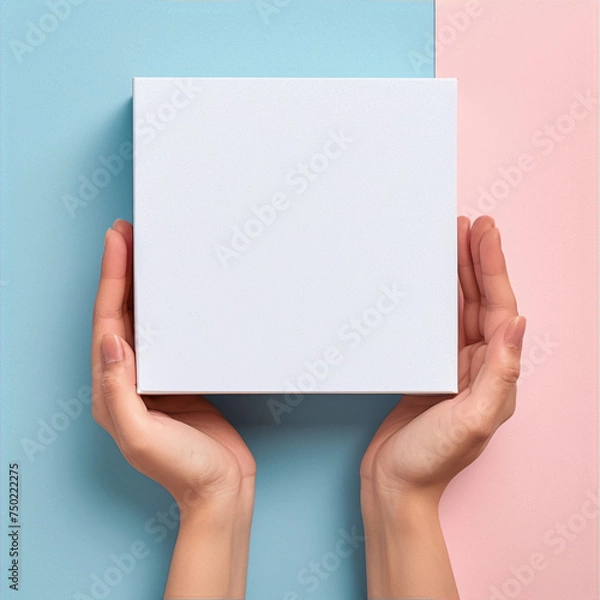 Fototapeta **Image Art** : A minimal flat lay of a white box held by two hands against a blue and pink background.