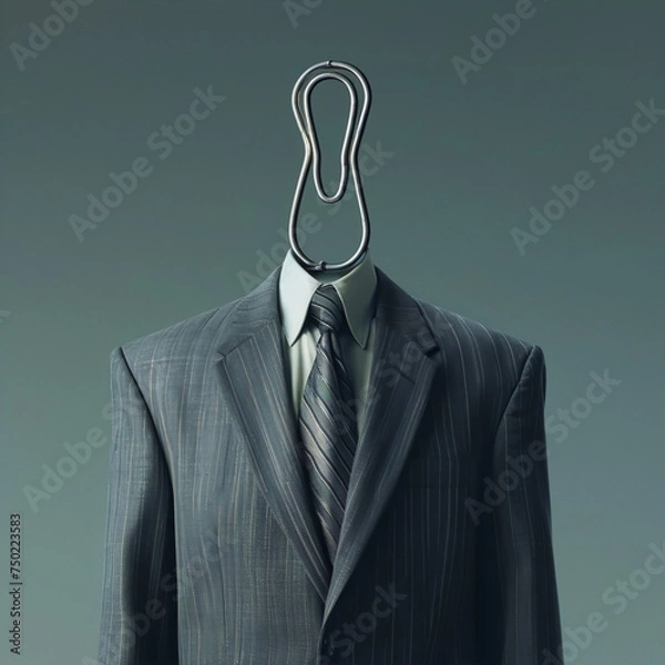 Fototapeta A faceless businessman in a suit and tie with a paperclip for a head on a gray background.