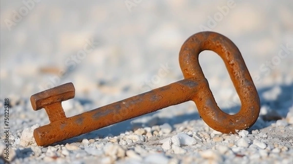 Fototapeta Rusty metal key on textured gravel background