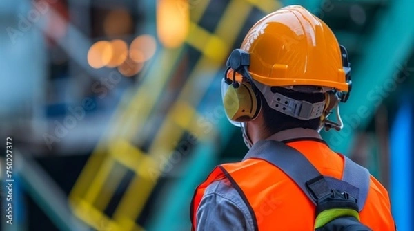 Fototapeta Focused on Safety - Construction Worker in Safety Gear - Health and Safety Background with Copy Space - Workplace Readiness - Generative AI