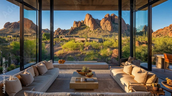 Fototapeta View from a enclosed patio in a house in the Southwest desert