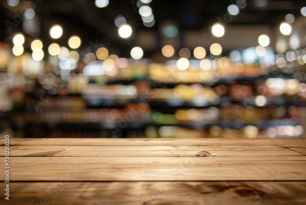Fototapeta Blurry background with bokeh light effect and supermarket view behind wooden top table