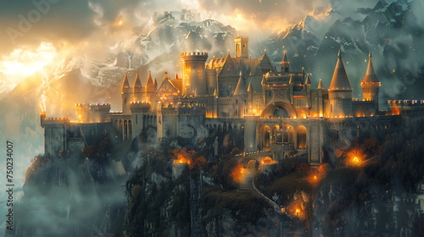Fototapeta An AI generative image of fantasy medievel castle at the mountain.