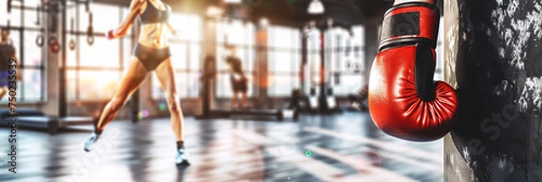Fototapeta A girl in sportswear doing kickboxing in a gym. She is kicking a punching bag. The girl is wearing red boxing gloves. There are many people in the gym who are doing sports.