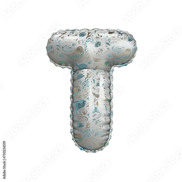 Fototapeta 3D inflated balloon letter T with silver colored sea life pattern for children