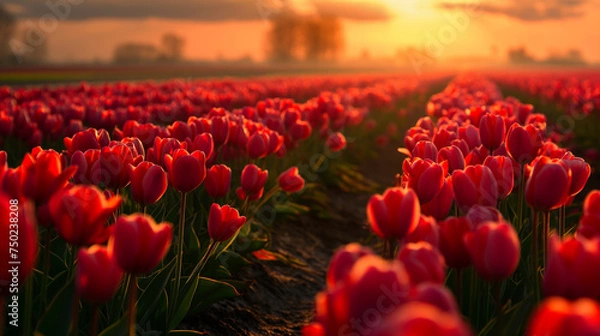 Obraz field of tulips at sunset. Generative AI