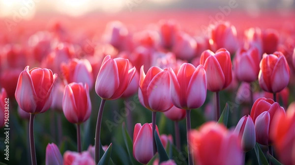 Obraz field of pink tulips. Generative AI