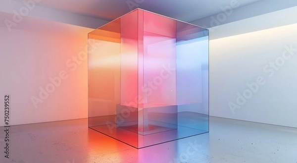 Fototapeta Colorful light interacts with a clear cube, casting vibrant gradients