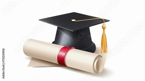 Fototapeta Realistic graduation cap and diploma scroll isolated on white background. Academic hat with tassel and university degree certificate. Vector illustration for announcement, banner, poster, flyer, ad.