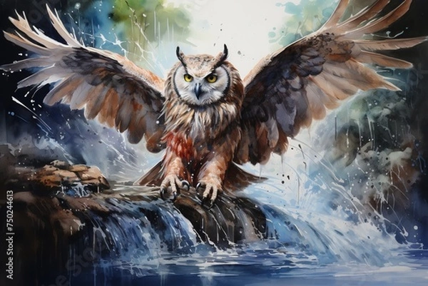 Obraz Beautiful owl in the river water splatter with Generative AI